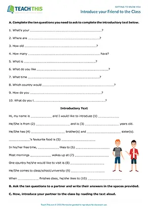 ESL first day of class activity for A1-A2 elementary: interview, asking questions, introducing partner, pair work