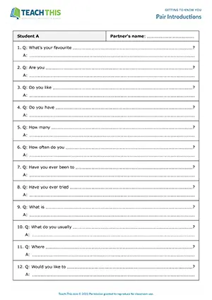 ESL first day of class activity for B1 intermediate: creating and asking questions, writing sentences, presenting, pair work
