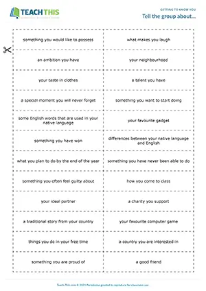 ESL getting to know you game for B2 upper-intermediate: impromptu speech, fluency, group work