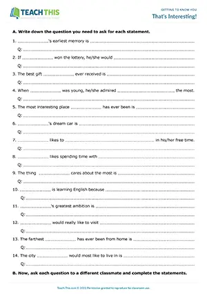 ESL first day of class activity for B1 intermediate: asking and answering questions, guided discussion, group work