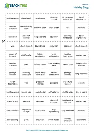 ESL Holiday Vocabulary Game preview for Upper-intermediate (B2) with bingo, vocabulary matching and group work