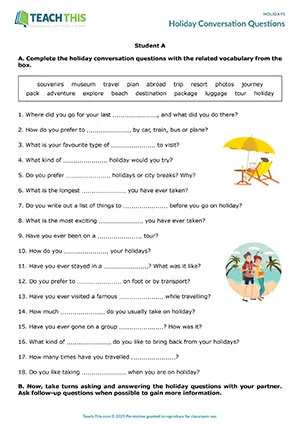 ESL Holiday Conversation Questions Activity preview for Intermediate (B1) with group and pair work, gap-fill, and Q&A