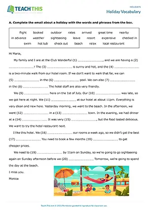 ESL Holidays Worksheet preview for Intermediate (B1) with vocabulary gap-fill, matching, unscrambling and pair role-play