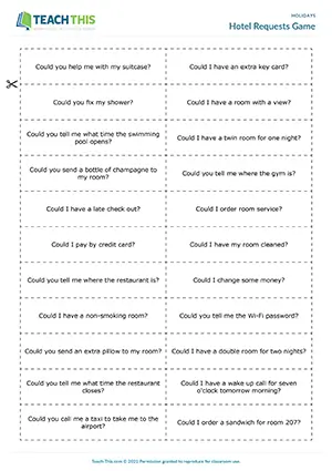 ESL Hotel Requests Game preview for Intermediate (B1) with group miming, guessing and speaking practice