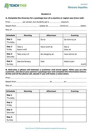 ESL Tour Itineraries Activity preview for Intermediate (B1) with ordering, role-play, and communicative practice
