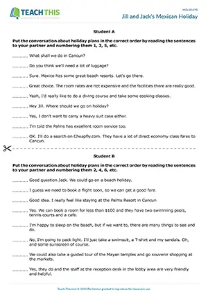 ESL Holiday Plans Activity preview for Intermediate (B1) with reading, dialogue ordering, matching and pair writing