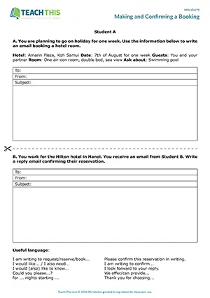 ESL Booking a Hotel Activity preview for Intermediate (B1) with reading, writing emails, and pair practice