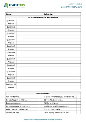 ESL Indirect Questions Activity preview for Upper-intermediate B2 with writing, grammar, speaking, role-play, freer practice, pair work