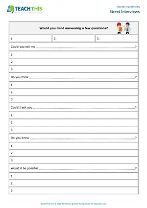 ESL Indirect Questions Role-Play preview for Intermediate B1 with speaking, asking and answering questions, communicative street interview practice