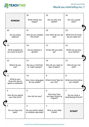 ESL Indirect Questions Board Game preview for Intermediate B1 with speaking, forming, asking and answering questions, group work