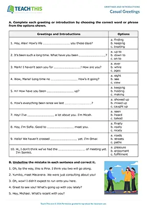 ESL Greetings and Introductions Worksheet preview for Upper-intermediate (B2) with multiple-choice, error correction, gap-fill, and writing