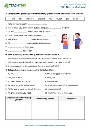 ESL Greetings and Introductions Worksheet preview for Pre-intermediate (A2) with gap-fill, categorising, role-play and conversation