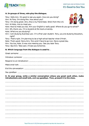 ESL Greetings and Introductions Role-Play preview for Pre-intermediate (A2) with categorising, group dialogues, and freer practice
