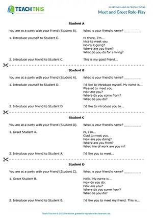 ESL Greetings and Introductions Role-Play preview for Pre-intermediate (A2) with group and pair practice of formal and informal phrases
