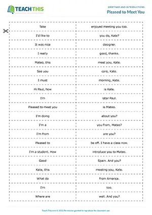 ESL Greetings and Introductions Game preview for Pre-intermediate (A2) with pelmanism, dialogue practice, and group role-play