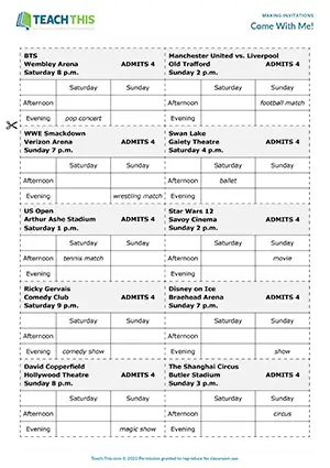 ESL Making Invitations Activity preview for Pre-intermediate A2. Students make, accept and decline invitations and make suggestions on where and when to meet.