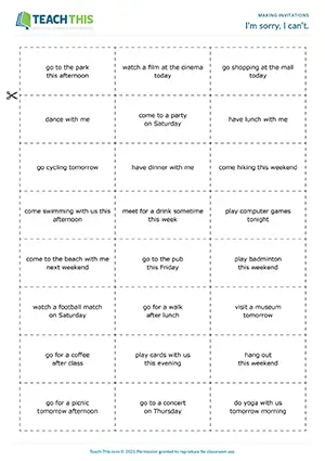 ESL Making and Declining Invitations Game preview for Intermediate B1. Students are invited to do things and try to decline invitations with unique excuses.