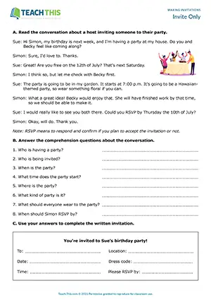 ESL Making Invitations Worksheet preview for Intermediate B1. Students practice language for making, accepting, and declining spoken and written invitations.