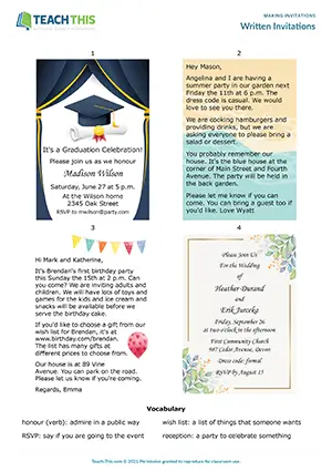 ESL Invitations Worksheet preview for Intermediate B1. Students learn about the contents of written invitations and practice writing one.