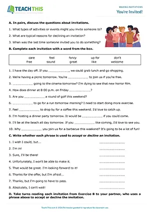 ESL Invitations Worksheet preview for Upper-intermediate B2. Students practice phrases for making, accepting, and declining informal invitations.