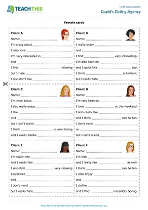 ESL Likes and Dislikes Activity preview for Intermediate B1. Students create dating profiles and match people together by likes and dislikes.