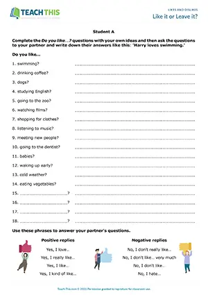 ESL Do You Like Activity preview for Pre-intermediate A2. Students ask Do you like...? questions and reply with degrees of feeling.