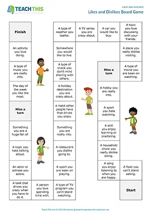 ESL Likes and Dislikes Board Game preview for Intermediate B1. Students talk about their likes and dislikes for 30 seconds in a board game.