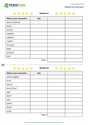 ESL Favourites Game preview for Elementary A1-A2. Students ask and answer questions about their favourite things and score points for matching answers.