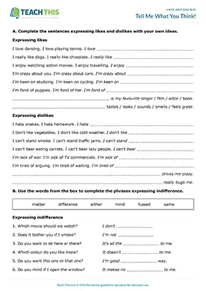 ESL Likes and Dislikes Activity preview for Intermediate B1. Students practice phrases to express likes, dislikes, and indifference in writing and speaking tasks.