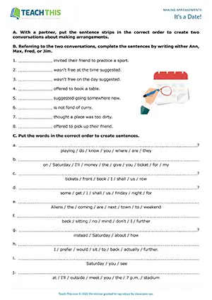 ESL Making Arrangements Worksheet preview for Intermediate B1. Students practice language for making different types of arrangements.