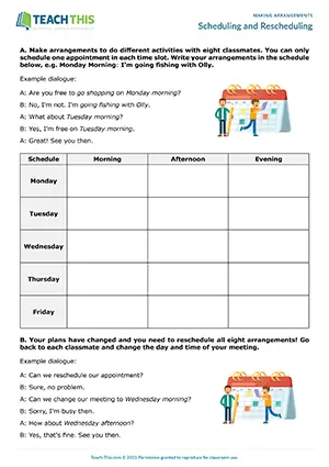 ESL Scheduling and Rescheduling Activity preview for Pre-intermediate A2. Students practice making arrangements and rescheduling with classmates.