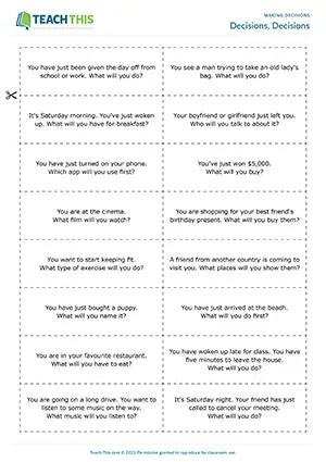 ESL Spontaneous Decisions Game preview for Pre-intermediate A2. Students race to make spontaneous decisions with will and give reasons for decisions.