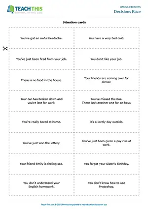 ESL Spontaneous Decisions Game preview for Pre-intermediate A2. Students race to match spontaneous decisions to situations using will.