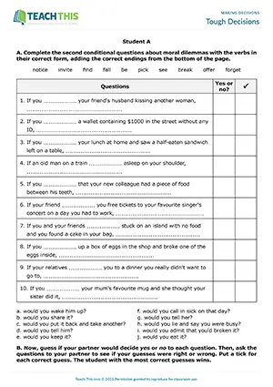 ESL Making Decisions Game preview for Intermediate B1. Students complete second conditional questions about moral dilemmas and guess a partner's decisions.