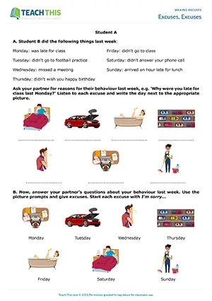 ESL Making Excuses Activity preview for Pre-intermediate A2. Students practice apologising and giving excuses using I'm sorry in a speaking activity.