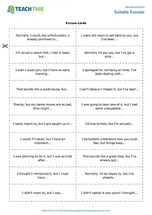 ESL Making Excuses Game preview for Upper-intermediate B2. Students race to match and complete excuses for requests, invitations, and accusations.