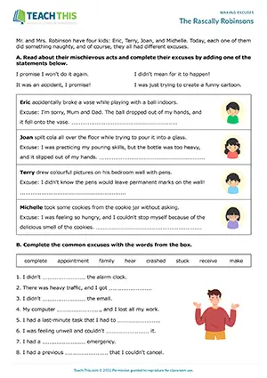 ESL Making Excuses Worksheet preview for Intermediate B1. Students learn how to make excuses for different transgressions using matching and writing exercises.