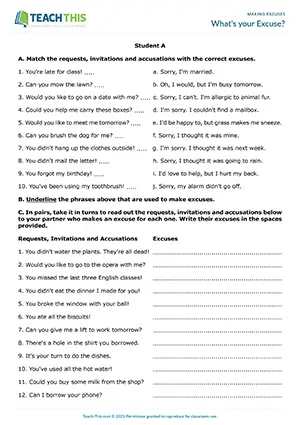 ESL Making Excuses Activity preview for Intermediate B1. Students use phrases to make excuses in response to requests, invitations and accusations.