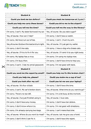 ESL could you requests game, making and answering requests, group work, pre-intermediate A2 students