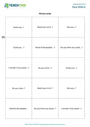 ESL making requests game, forming questions, communicative practice, group work, intermediate B1 learners