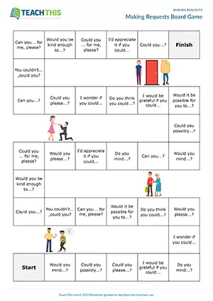 ESL requests board game, forming questions, group work, everyday situations, intermediate B1 students