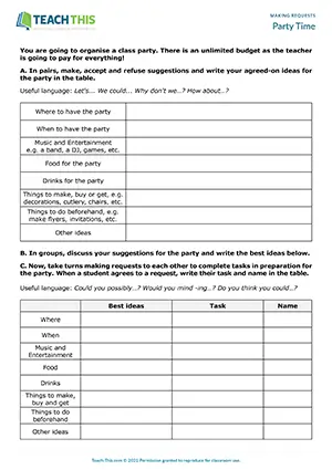 ESL suggestions and requests activity, planning a class party, guided discussion, intermediate B1 students