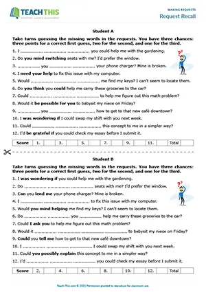 ESL requests game, vocabulary, gap-fill, guessing missing words, pair work, upper-intermediate B2 learners