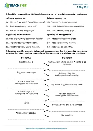 ESL making suggestions role-play, raising objections, suggesting alternatives, intermediate B1 students