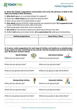 ESL holiday suggestions activity preview, categorising phrases, asking and answering holiday questions, pre-intermediate A2