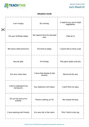 ESL suggestions game preview showing matching and forming sentences from prompts for elementary A1-A2 students