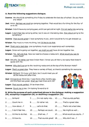 ESL suggestions worksheet, identifying and categorising, writing questions, intermediate B1 students