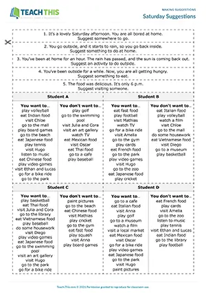 ESL making suggestions role-play, accepting and rejecting, Saturday activities, group decision, pre-intermediate A2