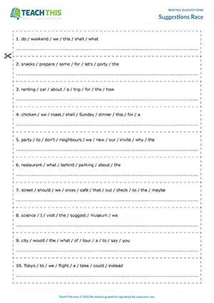 ESL suggestions game, unscrambling, race, forming suggestions, pair work, pre-intermediate A2 students