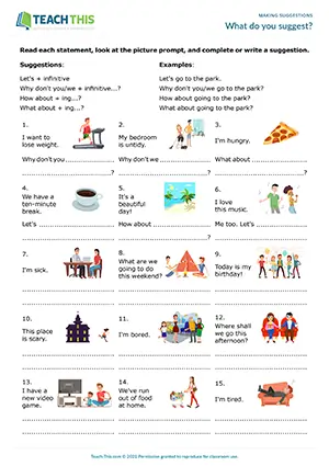 ESL making suggestions worksheet, sentence completion, writing suggestions, pre-intermediate A2 students